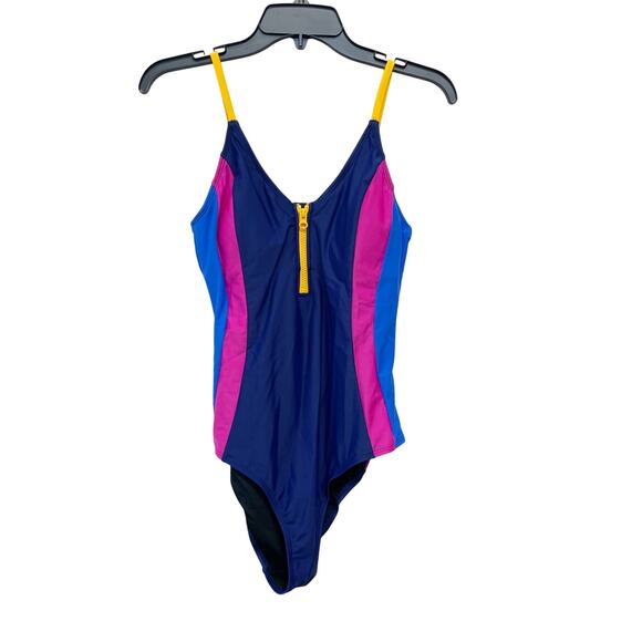 Cupshe Women's Color Block Paneled Zip Front One Piece Swimsuit Blue Pink Medium - Picture 1 of 7
